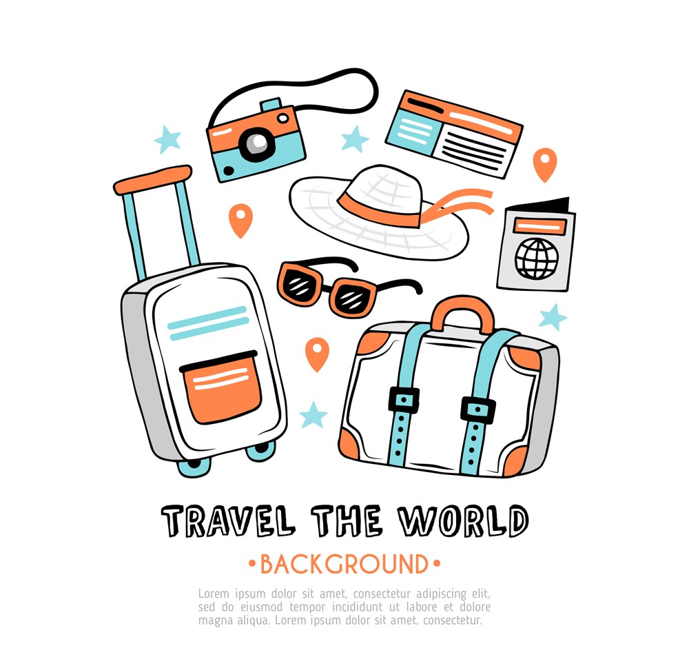 卡通旅行旅游必需品 免费PSD模板，1200像素高质量素材